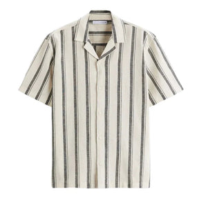 Camisa Masculina em Linho Listrada Piannaro PN359 com colarinho acampamento
