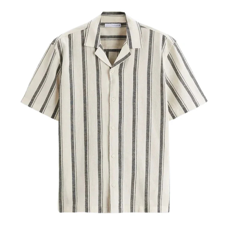 Camisa Masculina em Linho Listrada Piannaro PN359 com colarinho acampamento