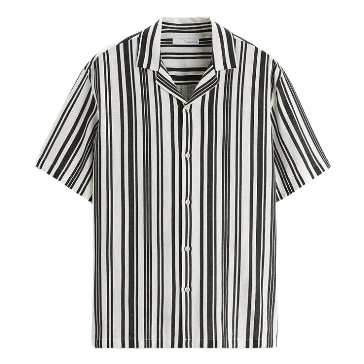 Camisa Masculina em Linho Listrada Piannaro PN359 com colarinho acampamento